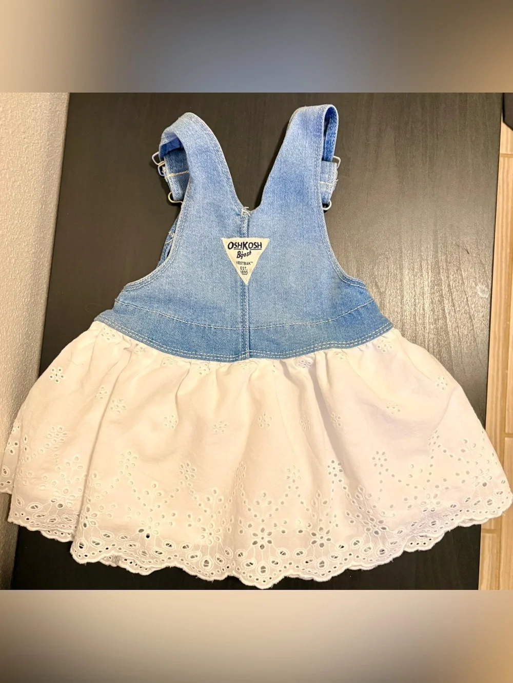 OshKosh B'gosh Denim Bib & White Eyelet Baby Girl Romper Dress